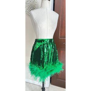 Designer Judith March green sequin skirt with boa feather trim Large runs small